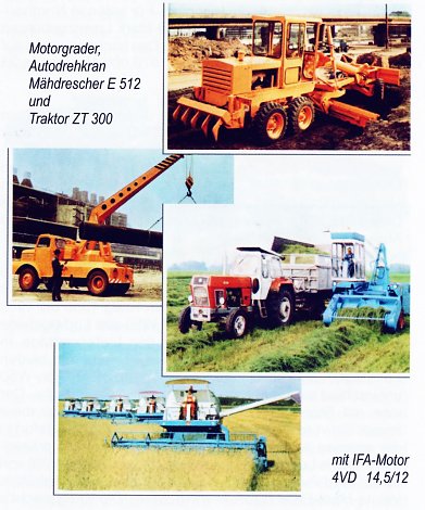 Bild 17-20: Einsatz der Motoren in Finalprodukten (Motorgrader SHM 4-120; Autodrehkran ADK 63; Traktor ZT 300 und Mähdrescher E 512) (Foto: IFA-Museum)